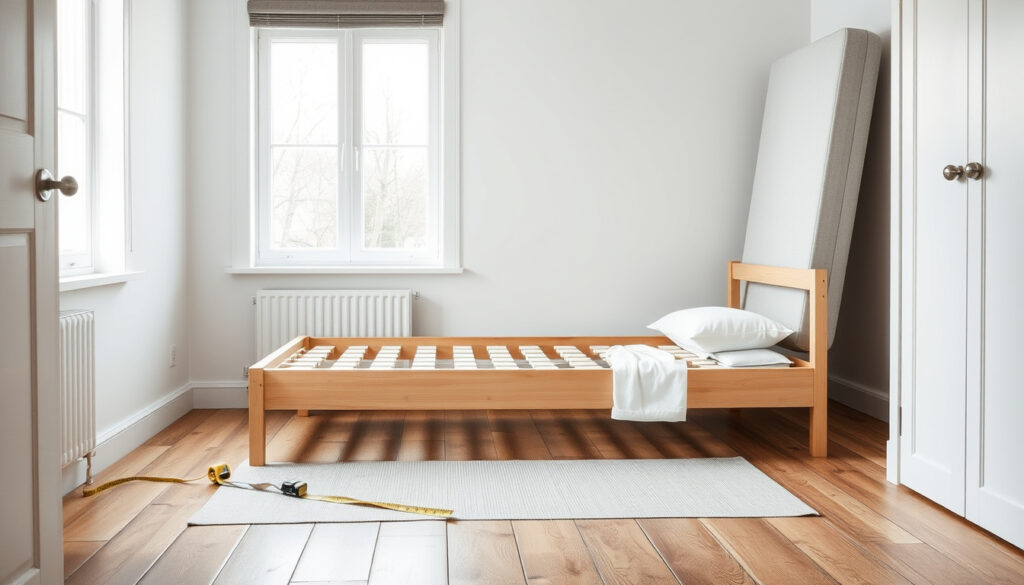 Pieni makuuhuone, jossa lattialla seisoo puinen 120 cm leveän patjan kokoinen sängynrunko ja mittanauha vierellä huoneen mittojen arviointia varten.