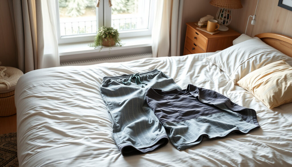 Miesten pyjamahousut ja taitettu pyjamasetti levitettyinä sängylle pehmeässä aamuvalossa
