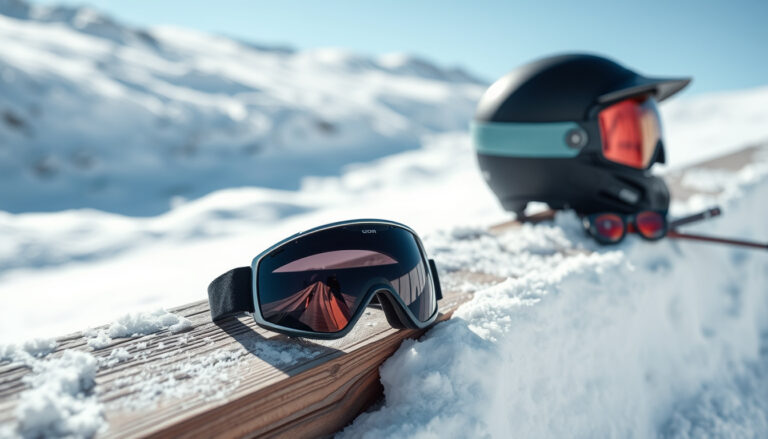 Par Ski goggles with an interchangeable mirrored lens and a pair of eyeglasses resting on a snowy ledge, bright winter mountain slope in the background.