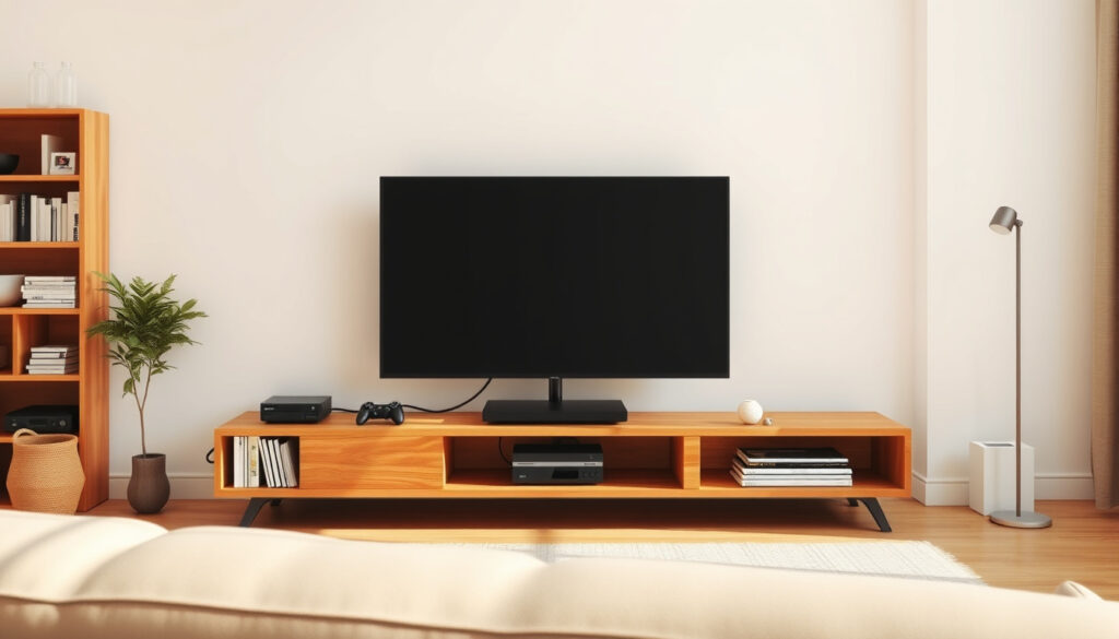 Leveä matala televisiotaso olohuoneen seinällä, television alla hyllyillä ja laitteilla, sohva etualalla.