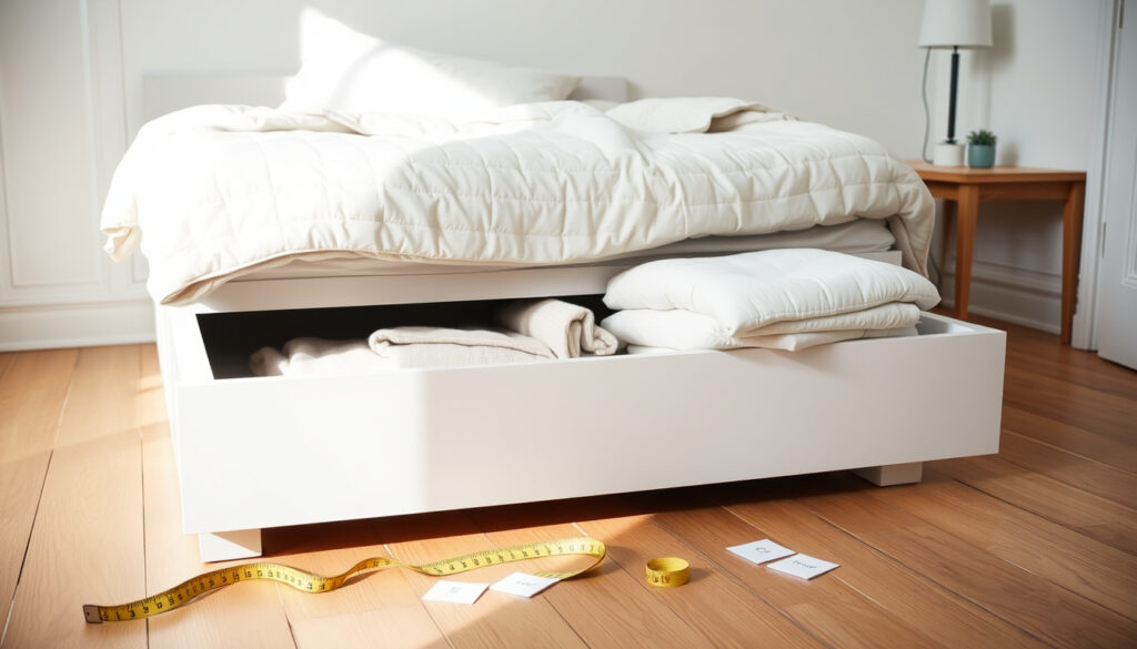 Makuuhuone, jossa leveä sänky säilytyspohjalla, mittanauha ja mitatut mittaviivat lattialla tilan suunnittelua varten.
