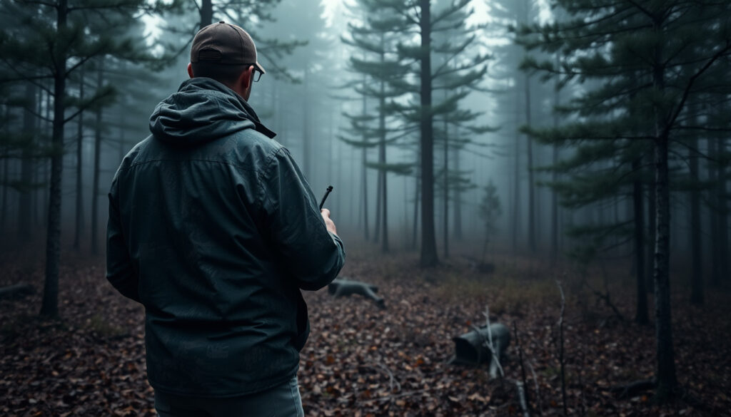 Metsästäjä selkä kameraan päin autumnumoisessa metsässä, pukeutuneena kerroksittain metsästystakkiin ja tarkistamassa taskussaan olevaa radiopuhelinta.