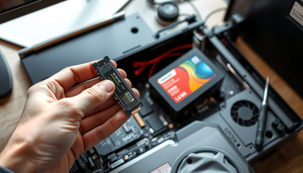 Henkilö vertaa pientä M.2 NVMe -korttia ja 2,5 tuuman SATA-SSD-levyä avatun koneen ääressä työpöydällä.